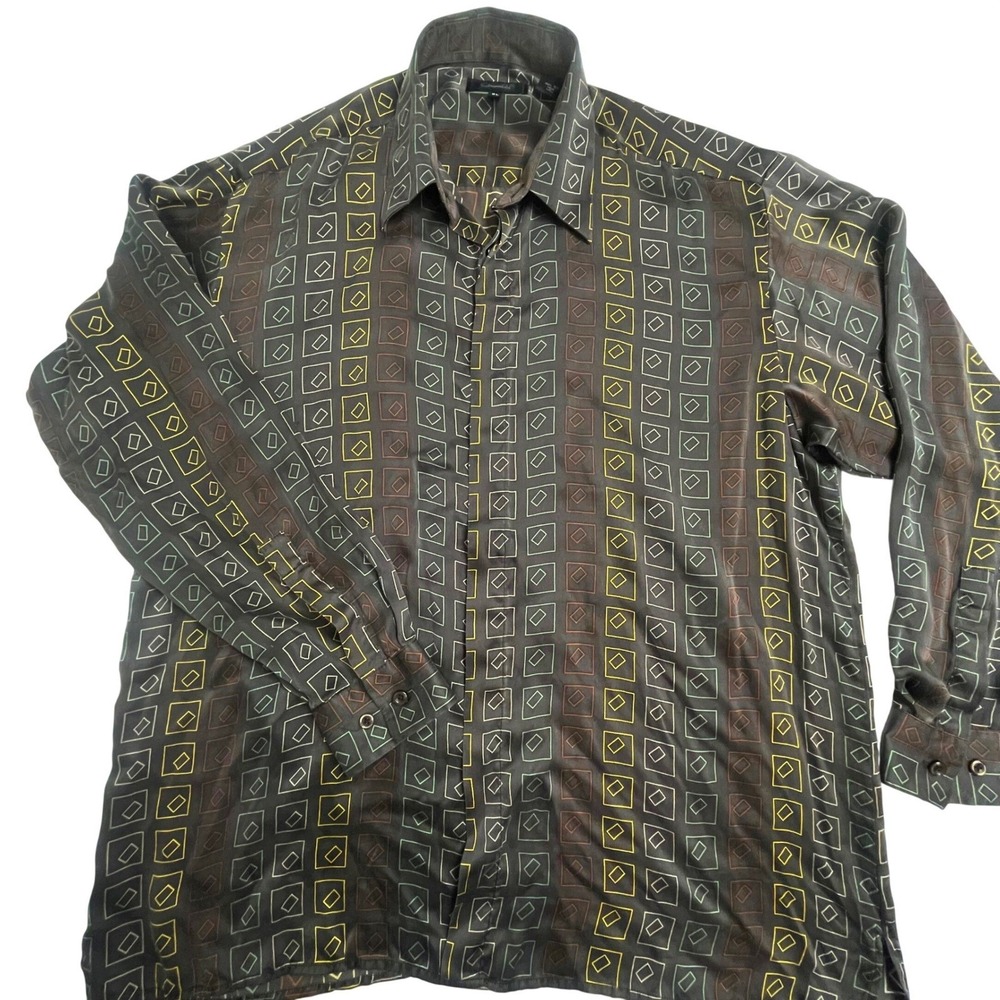 Genelli Mens XL Silk Button Down Shirt Brown Geometric Square Long Sleeve Retro